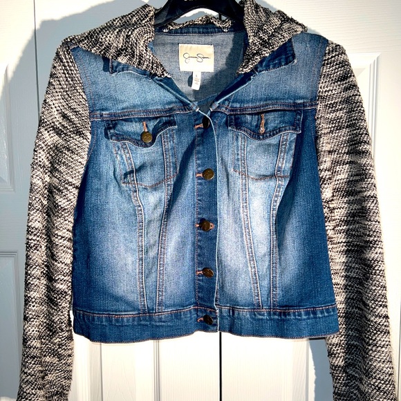 Jessica Simpson Large Denim jean jacket black & white knit sleeve removable hood